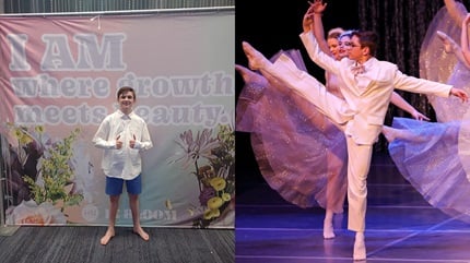 基冈·奥克斯利(左)正在参加芭蕾舞、踢踏舞、爵士、街舞和现代舞的表演比赛(右)。